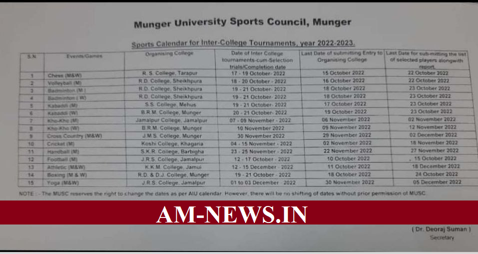 Munger University Sports Calander in PDF